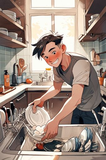 A husband who does the dishes happily.